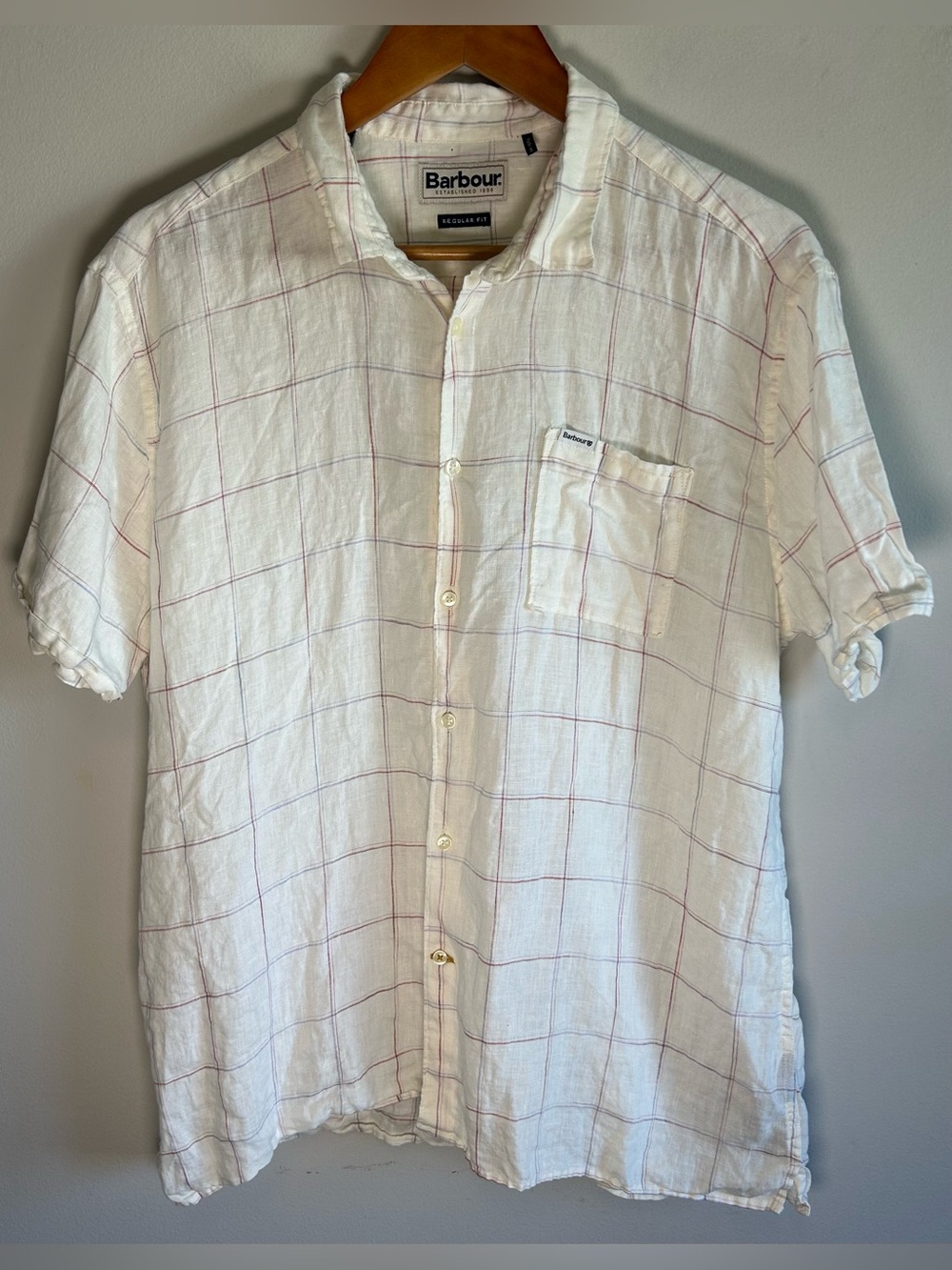 Barbour Bayston Tattersall Linen Shirt Men’s L Short Sleeve Button Up Plaid